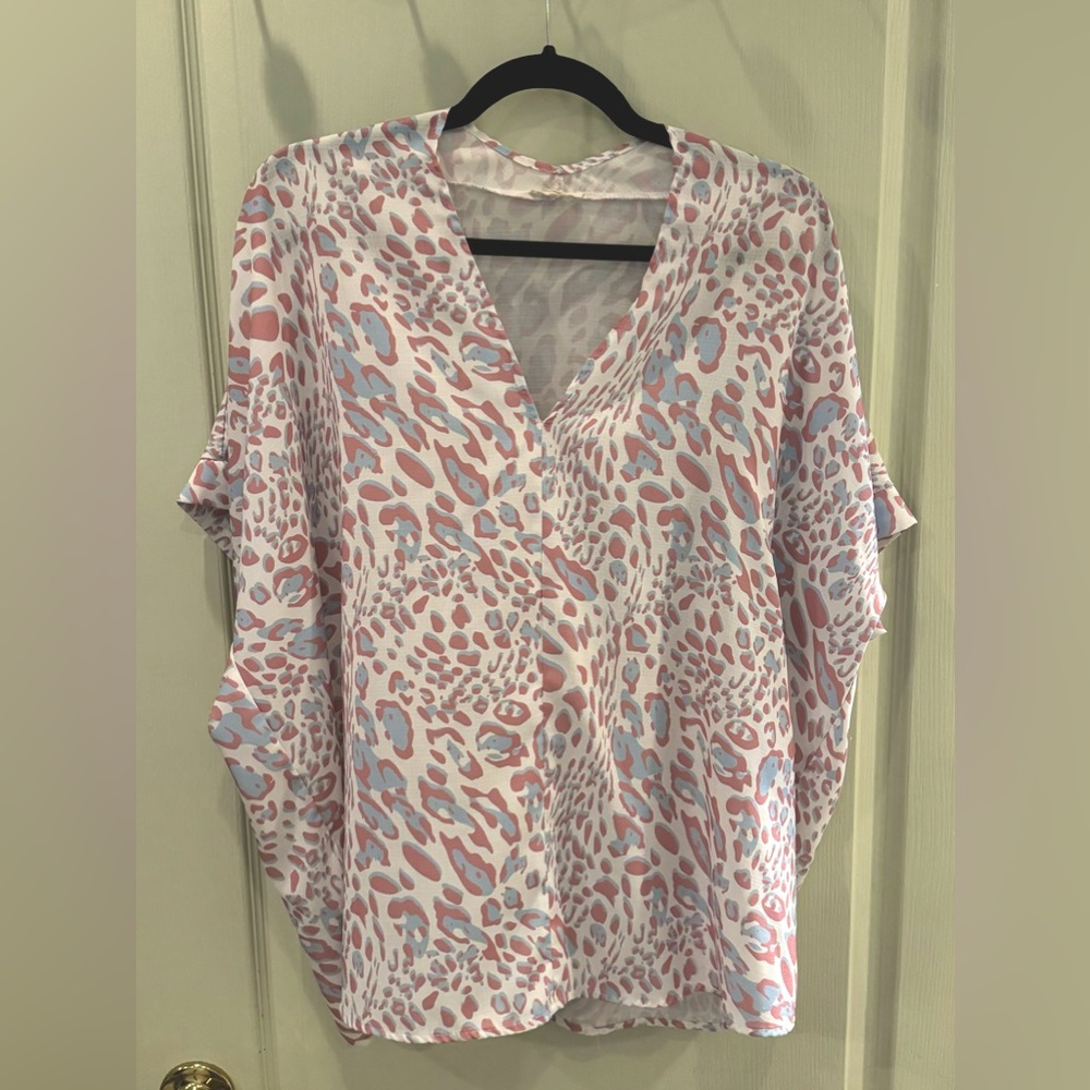Pink white & light blue leopard top
